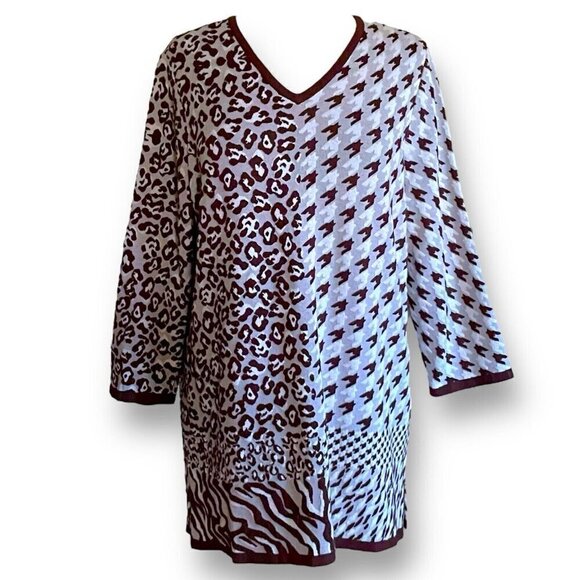 Chicos Womens Tunic Sweater Sz 2 12 14 Large Brown Animal Print Houndstooth - Picture 1 of 7